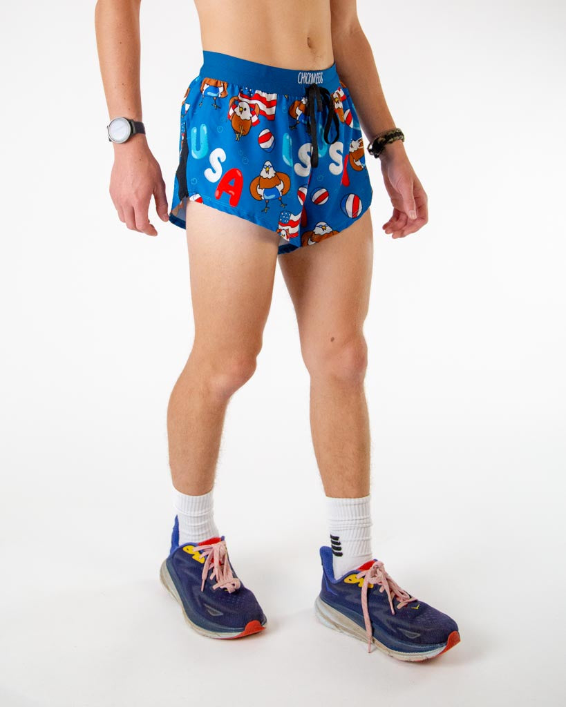 Right side view of ChicknLegs men’s 2-inch in the USA Pool Party design with blue background and eagles in swimwear and matching blue waistband.