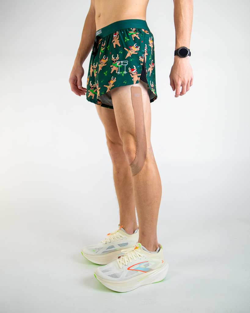 Left side view of ChicknLegs Men’s 2-inch DS Split Running Shorts showing the split leg design for mobility, lightweight fabric, and smooth waistband that stays in place.