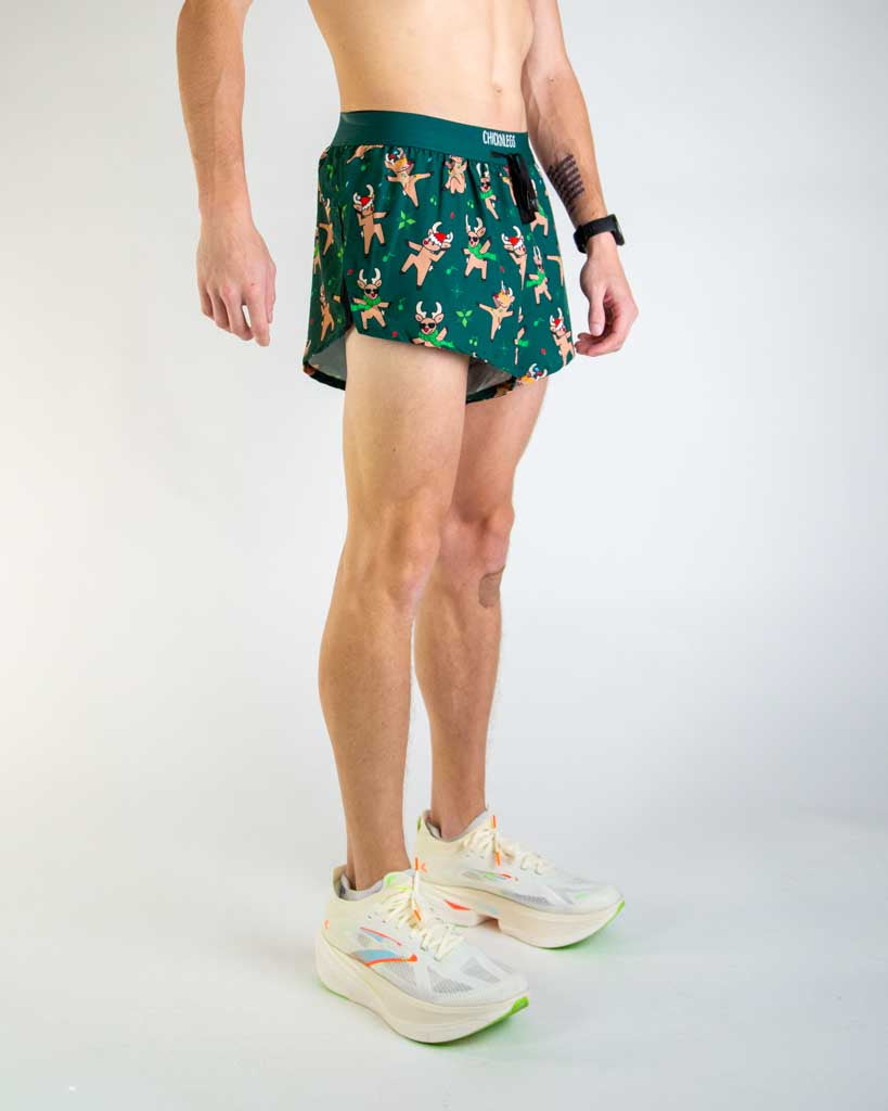 Right side view of ChicknLegs Men’s 2-inch DS Split Running Shorts highlighting the soft elastic drawstring waistband, breathable black mesh liner, and inner pocket for essentials.