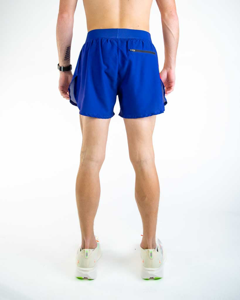 Back view of ChicknLegs men’s 4-inch split running shorts highlighting the rear zipper pocket for essentials and elastic waistband for a secure fit.