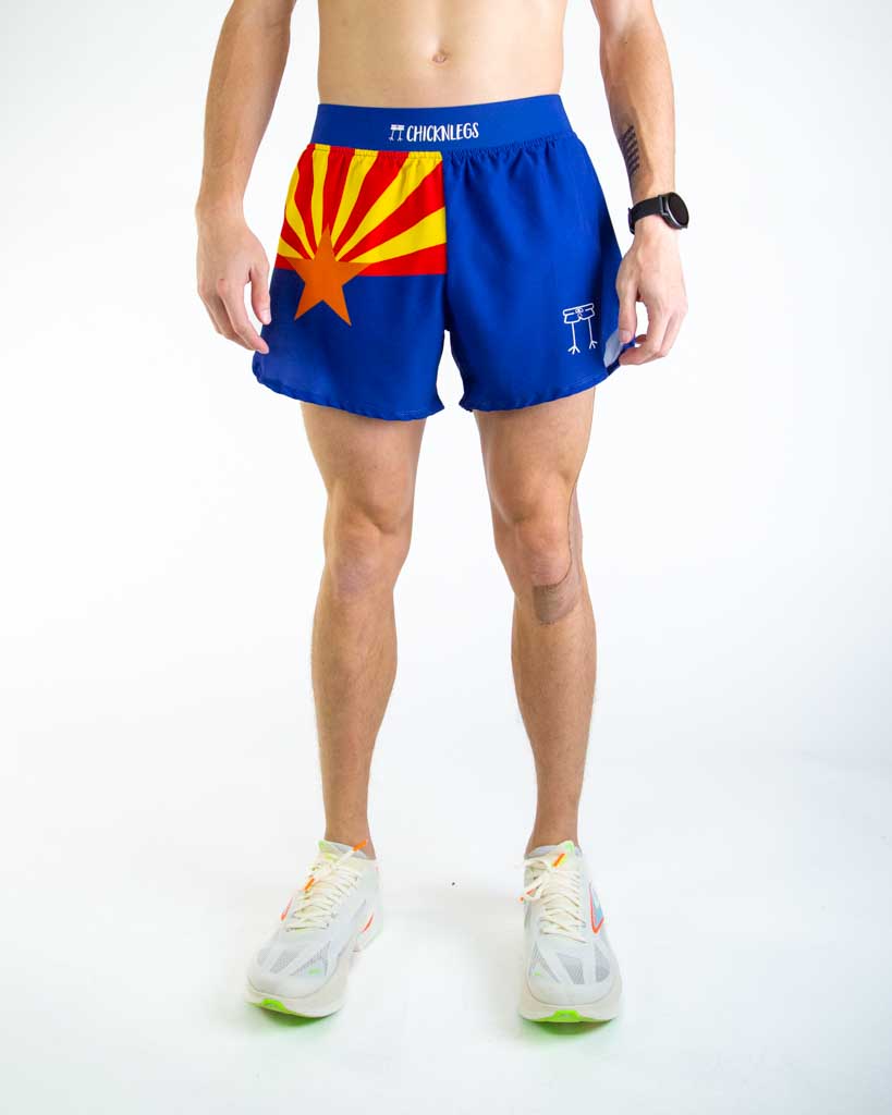 Front view of ChicknLegs men’s 4-inch split running shorts featuring a soft elastic waistband for a secure, smooth fit and black mesh liner for comfort and coverage. Featured are the Arizona State Flag shorts with red, yellow, orange and blue.