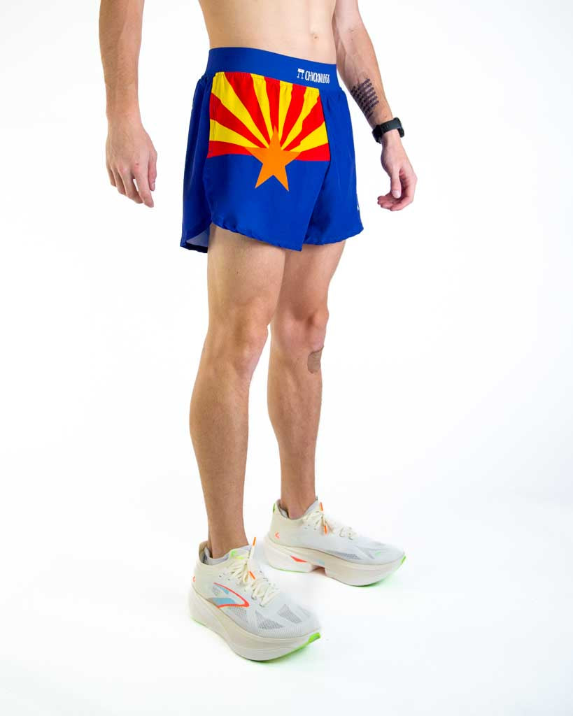 Right side view of ChicknLegs men’s 4-inch split running shorts with soft elastic waistband and breathable black mesh liner visible through the split leg detail.