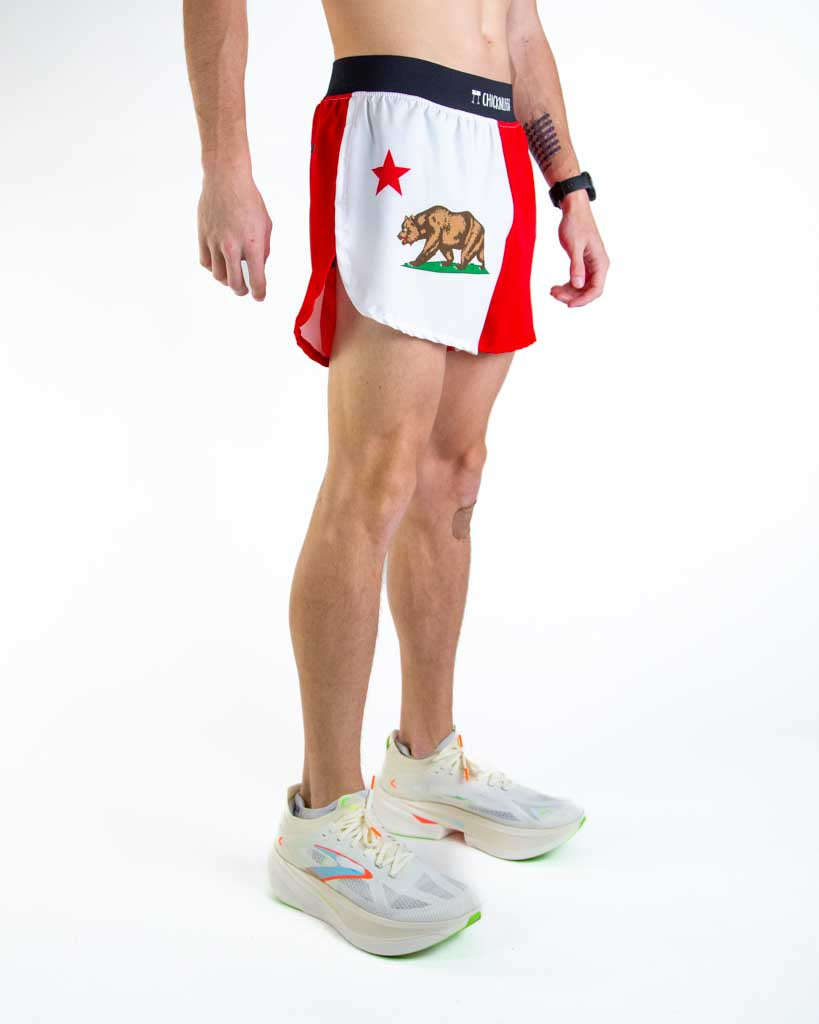 Right side view of ChicknLegs men’s 4-inch split running shorts with soft elastic waistband and breathable black mesh liner visible through the split leg detail.