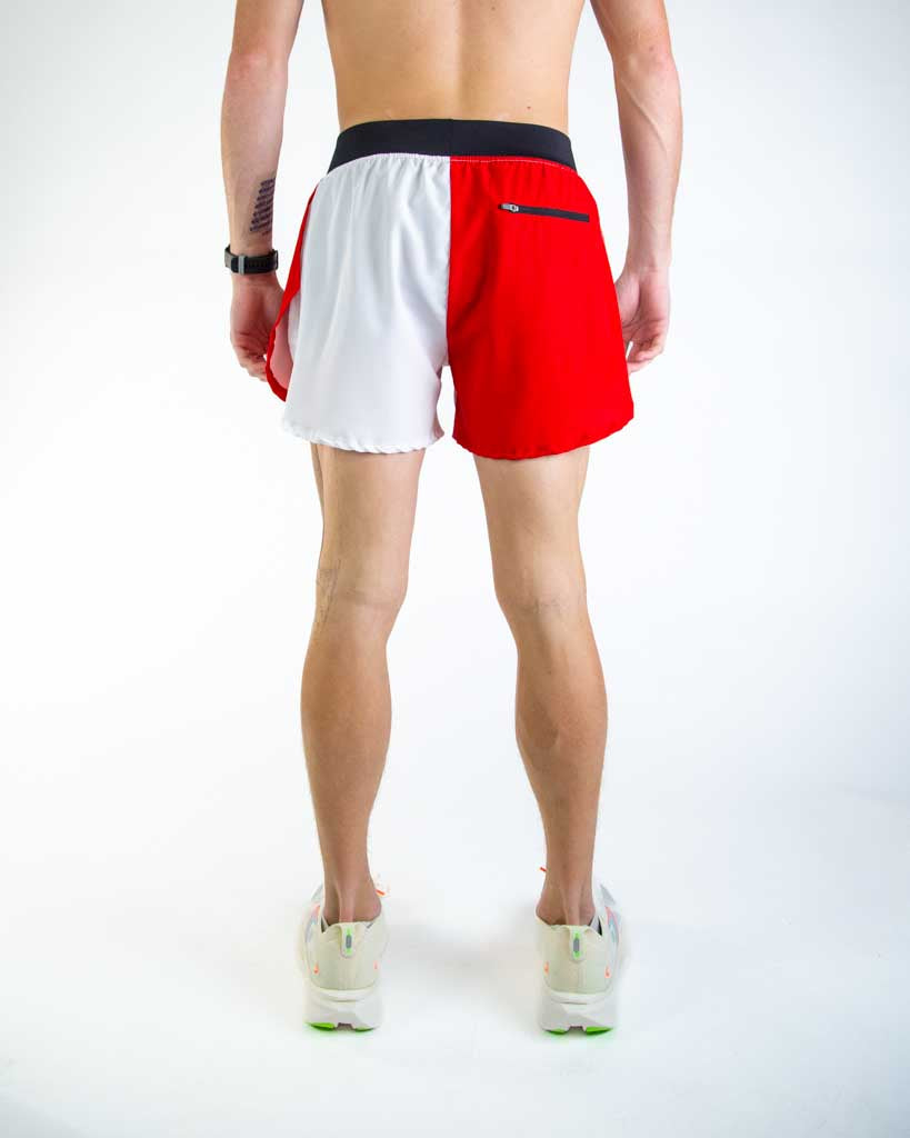 Back view of ChicknLegs men’s 4-inch split running shorts highlighting the rear zipper pocket for essentials and elastic waistband for a secure fit.