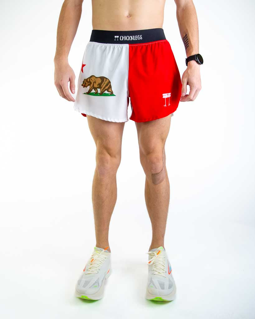 Front view of ChicknLegs men’s 4-inch split running shorts featuring a soft elastic waistband for a secure, smooth fit and black mesh liner for comfort and coverage. Featured are the California State Flag in the red, white and brown bear!