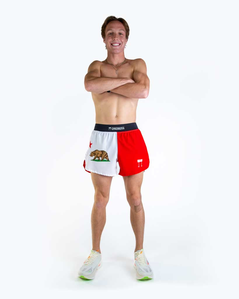Full body view of model wearing ChicknLegs men’s 4-inch split running shorts featuring a soft elastic waistband, rear zipper pocket, and black mesh liner for full coverage and breathability.