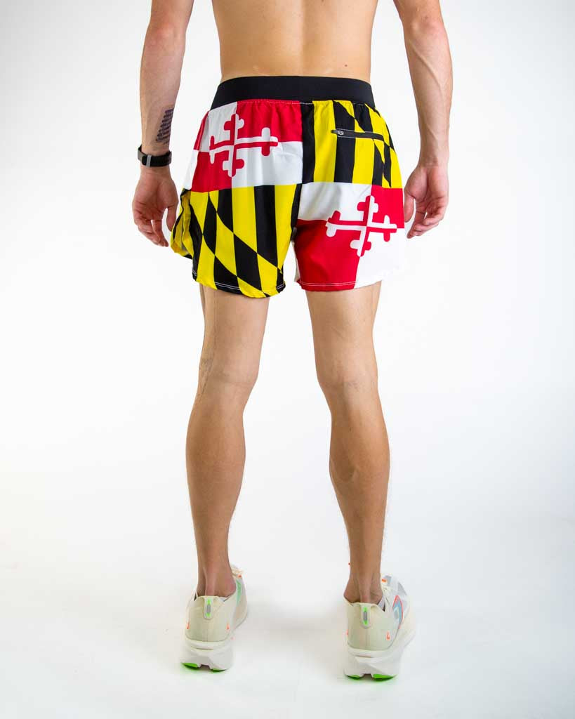Back view of ChicknLegs men’s 4-inch split running shorts highlighting the rear zipper pocket for essentials and elastic waistband for a secure fit.