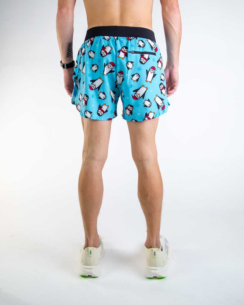 Back view of ChicknLegs men’s 4-inch split running shorts showcasing the rear zipper pocket for essentials and elastic waistband that provides a secure, comfortable fit.