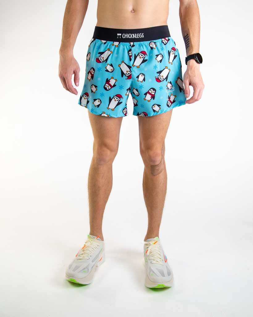 Front view of ChicknLegs men’s 4-inch split running shorts featuring a soft elastic waistband for a secure, smooth fit and black mesh liner for comfort and coverage featured are the slippery
