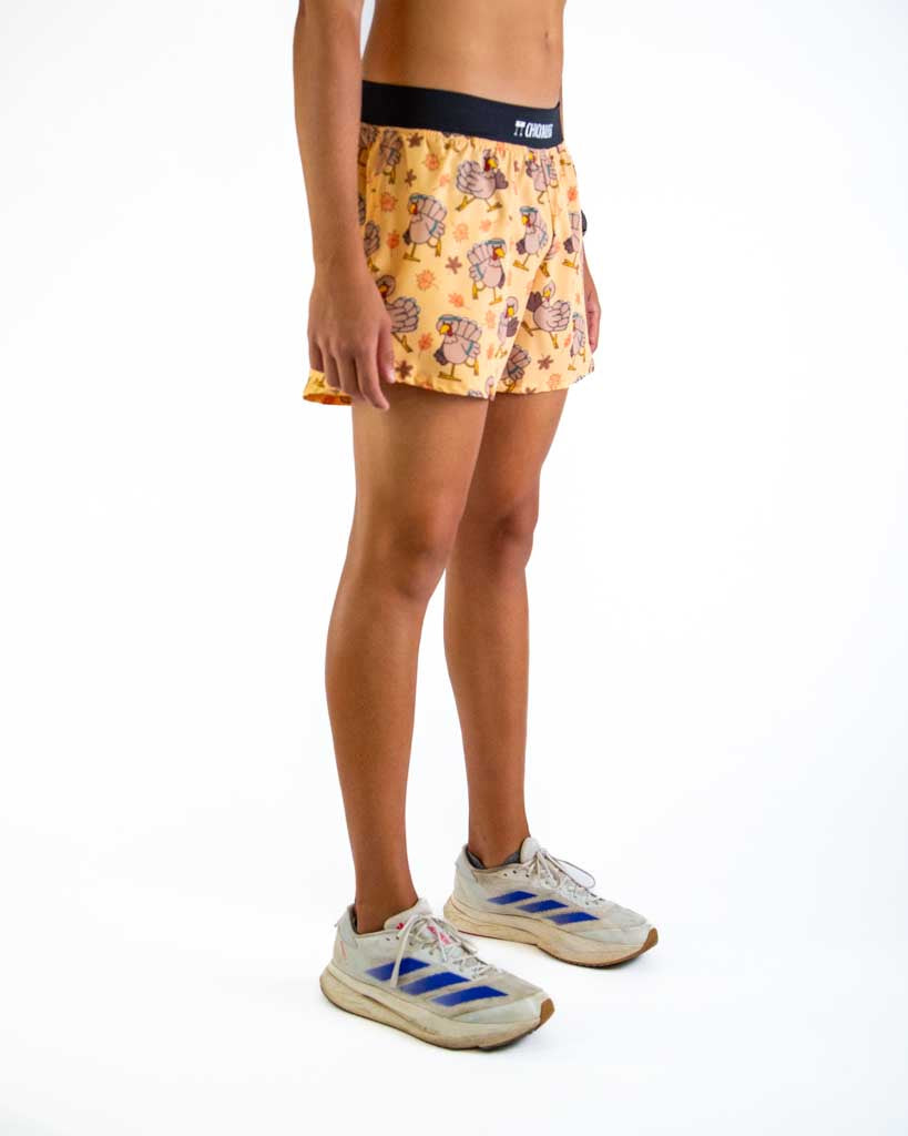 Right side view of ChicknLegs men’s 4-inch split running shorts with soft elastic waistband and breathable black mesh liner visible through the split leg detail.
