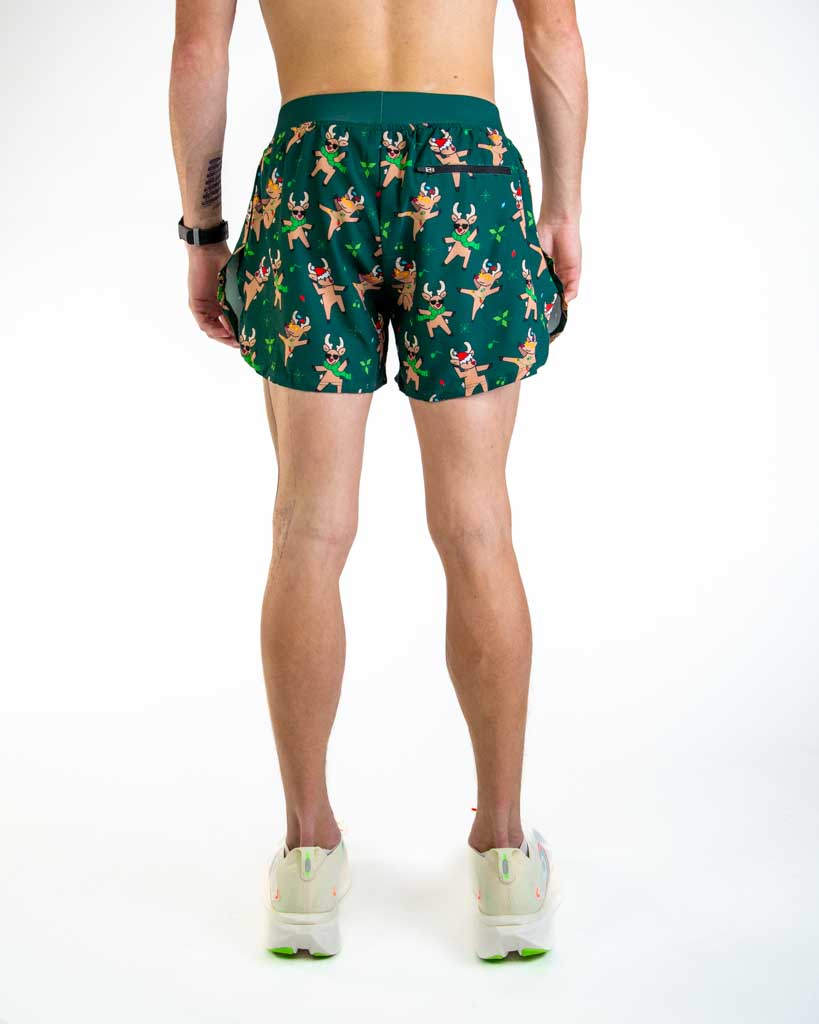 Back view of ChicknLegs men’s 4-inch split running shorts highlighting the rear zipper pocket for essentials and elastic waistband for a secure fit.