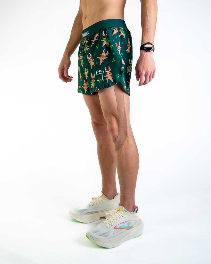 Left side view of ChicknLegs men’s 4-inch split running shorts showing the lightweight design, split leg for mobility, and smooth waistband that stays in place.