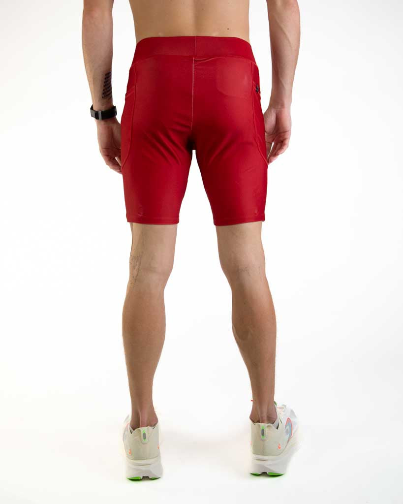 Back view of ChicknLegs Men’s 8-inch Half Tights showcasing the contoured fit, elastic waistband, and 8-inch inseam for full coverage and comfort.