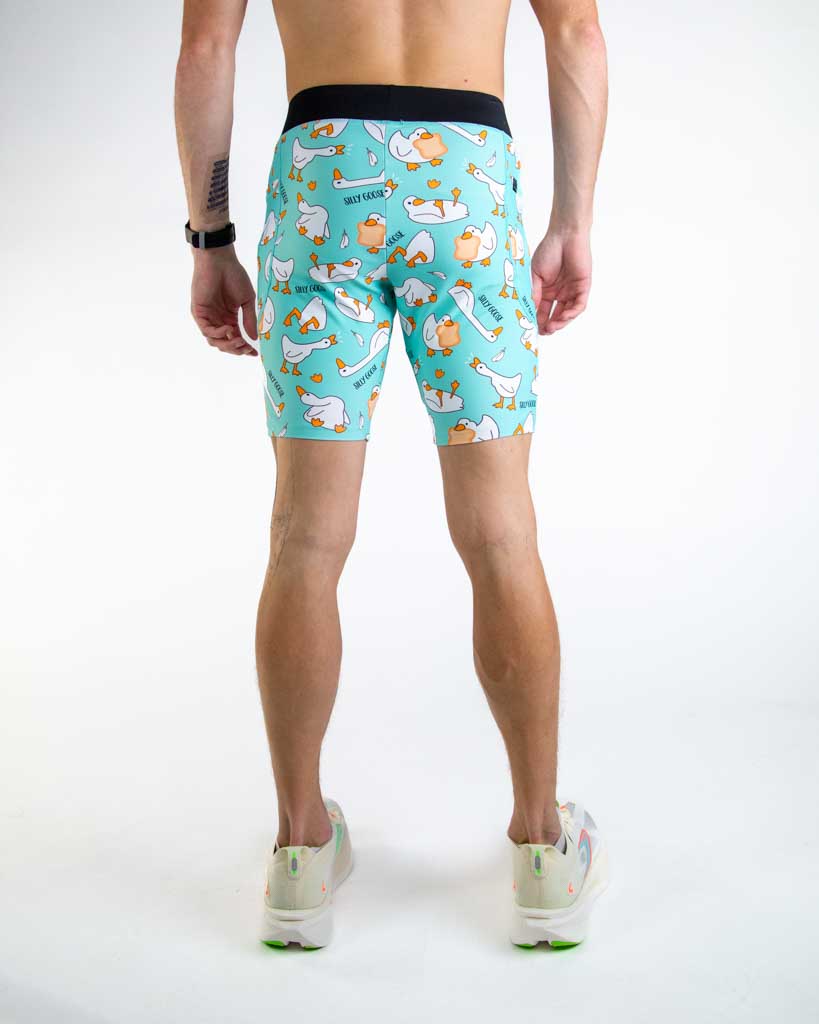 Back view of ChicknLegs Men’s 8-inch Half Tights showcasing the contoured fit, elastic waistband, and 8-inch inseam for full coverage and comfort.