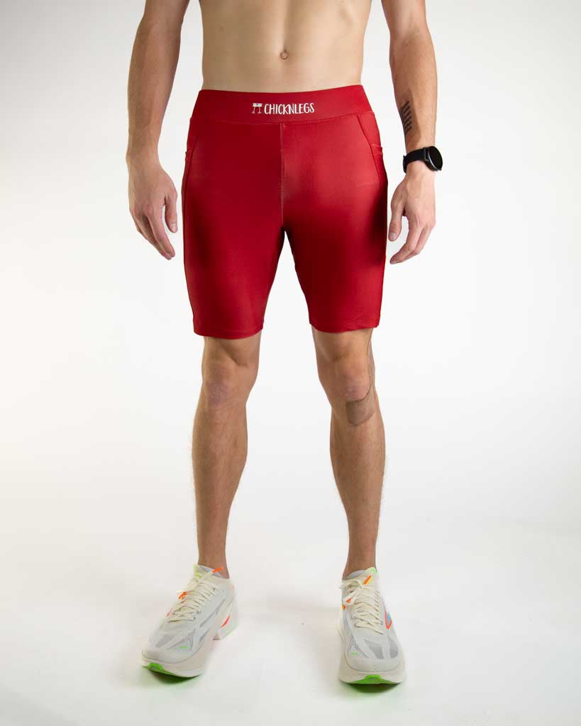 Front view of ChicknLegs Men’s 8-inch Half Tights featuring a soft elastic waistband for a smooth, secure fit and black mesh liner for support and comfort.