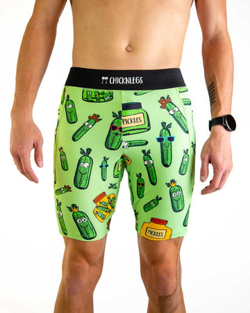 Front close up view of ChicknLegs Men’s 8-inch Half Tights featuring a soft elastic waistband for a smooth, secure fit and black mesh liner for support and comfort. Featured in the Pickles design!