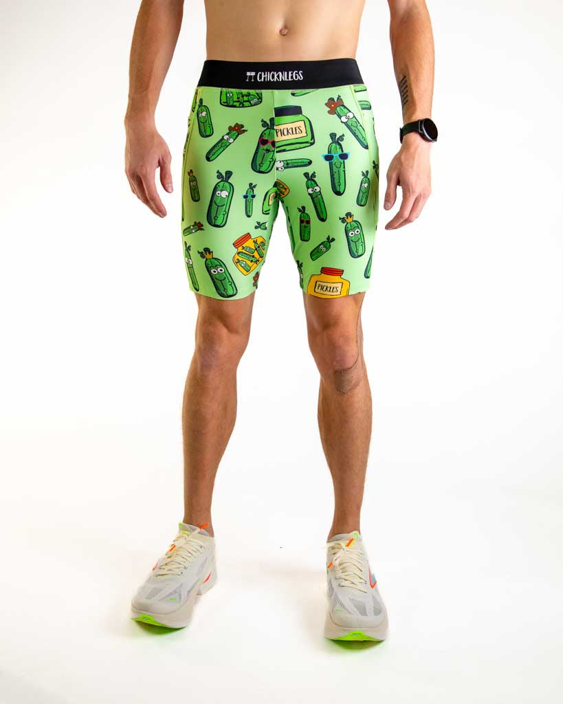 Front view of ChicknLegs Men’s 8-inch Half Tights featuring a soft elastic waistband for a smooth, secure fit and black mesh liner for support and comfort.