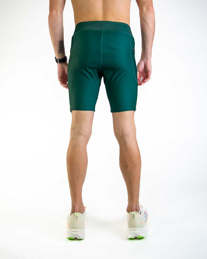 Back view of ChicknLegs Men’s 8-inch Half Tights showcasing the contoured fit, elastic waistband, and 8-inch inseam for full coverage and comfort.