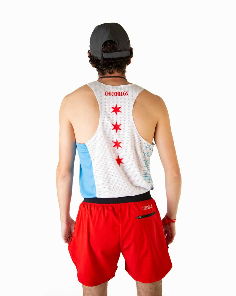 Back view of ChicknLegs performance running singlet in the Chicago Marathon design, featuring breathable mesh back panel for airflow.