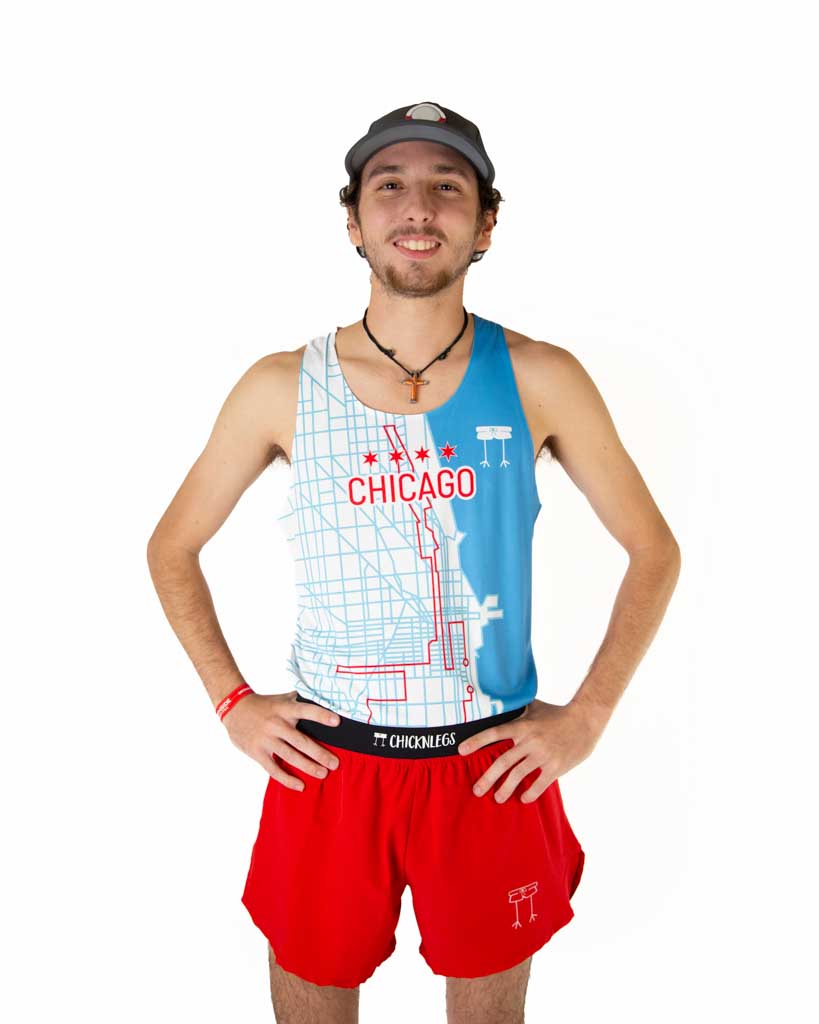 Front view of ChicknLegs performance running singlet in the Chicago Marathon map route design, lightweight fabric with seamless neck and arm holes for no chafe comfort.