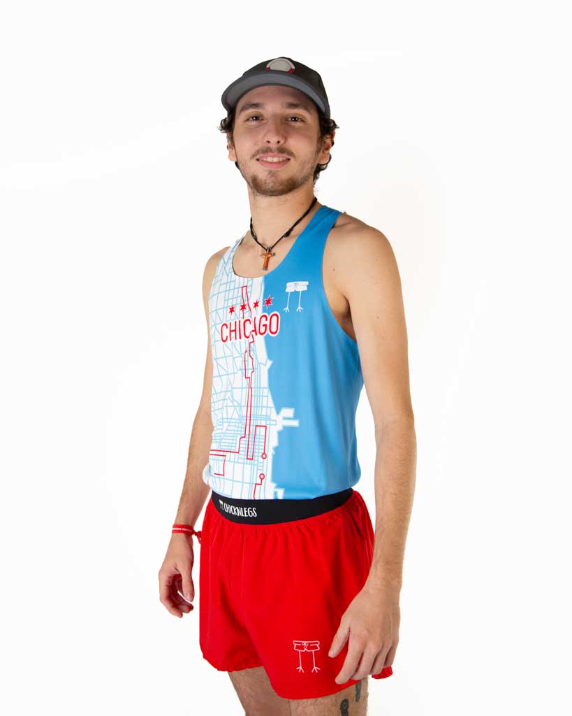 Left side view of ChicknLegs performance running singlet in the Chicago Marathon map route design, highlighting seamless arm hole and lightweight fit.
