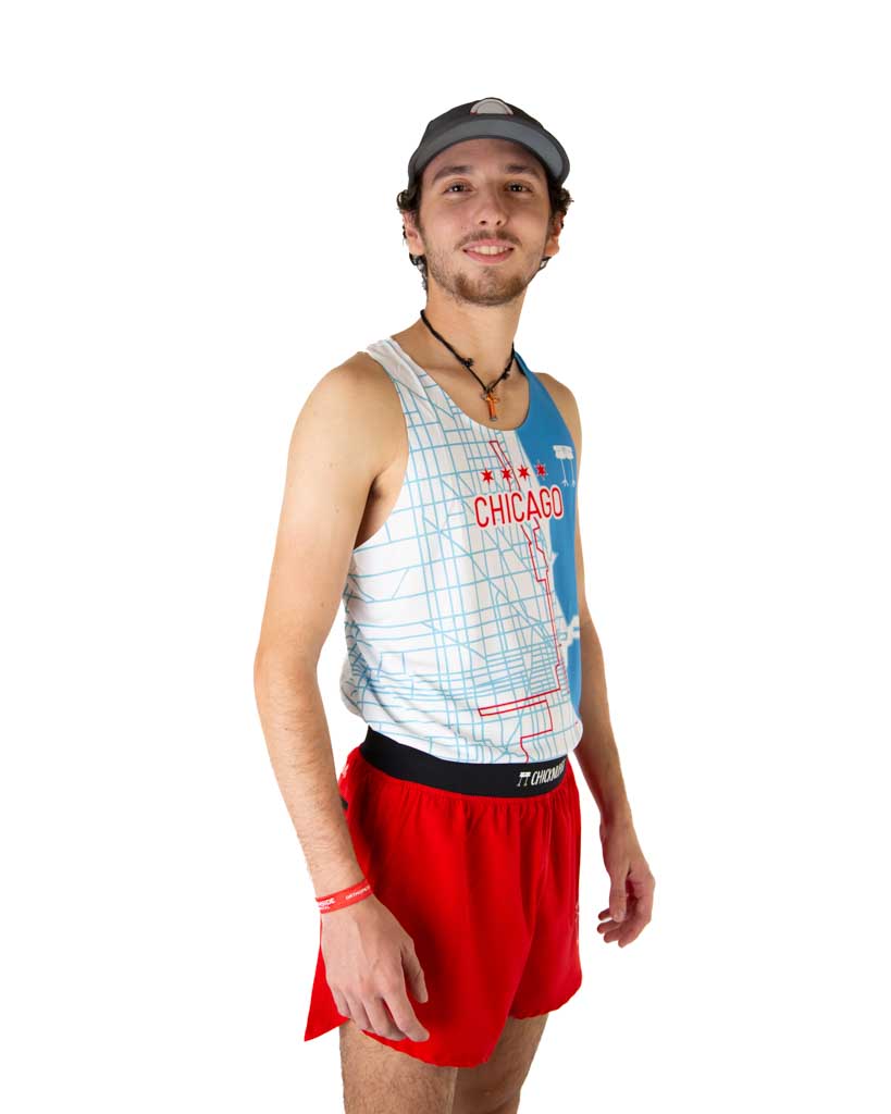 Right side view of ChicknLegs performance running singlet in black with Chicago Marathon map route design, showing seamless construction and lightweight feel.