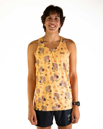 Front view of ChicknLegs Performance Running Singlet made with lightweight fabric, shown in a fitted athletic cut with seamless neck and arm holes for comfort in the pardoned turkey design.