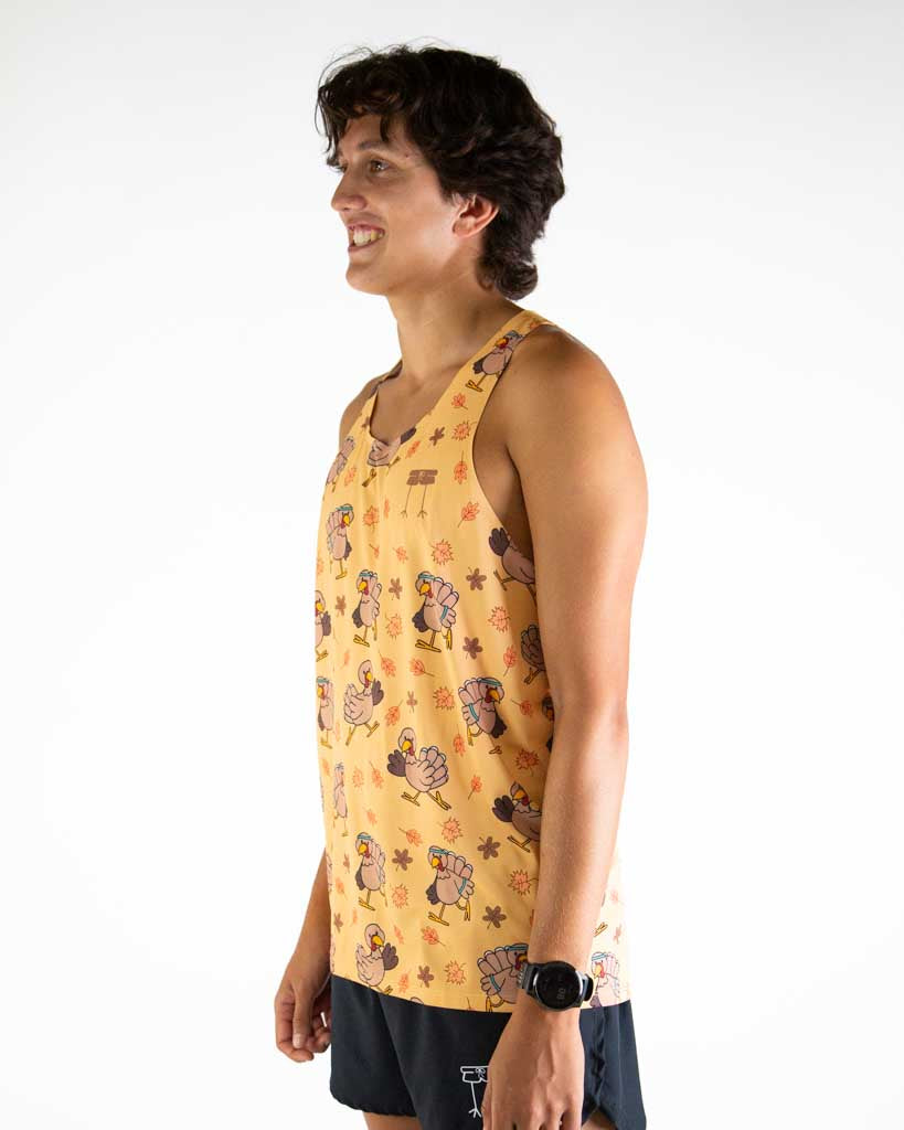 Left side view of ChicknLegs Performance Running Singlet highlighting the smooth, chafe-free seams and lightweight material for optimal movement.