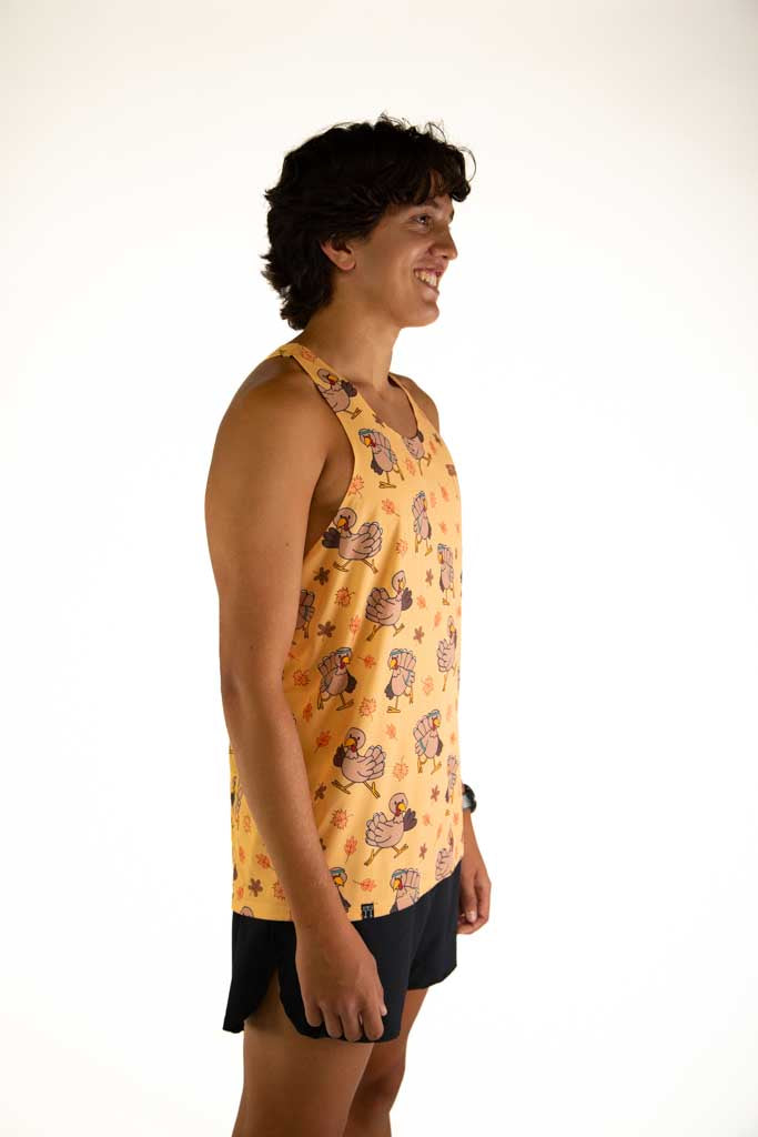 Right side view of ChicknLegs Performance Running Singlet featuring the breathable, quick-dry fabric and seamless arm opening for a smooth fit, featured in the pardoned turkey design.