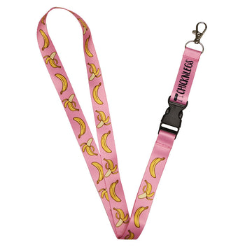 ChicknLegs lanyard with pink background and yellow bananas.