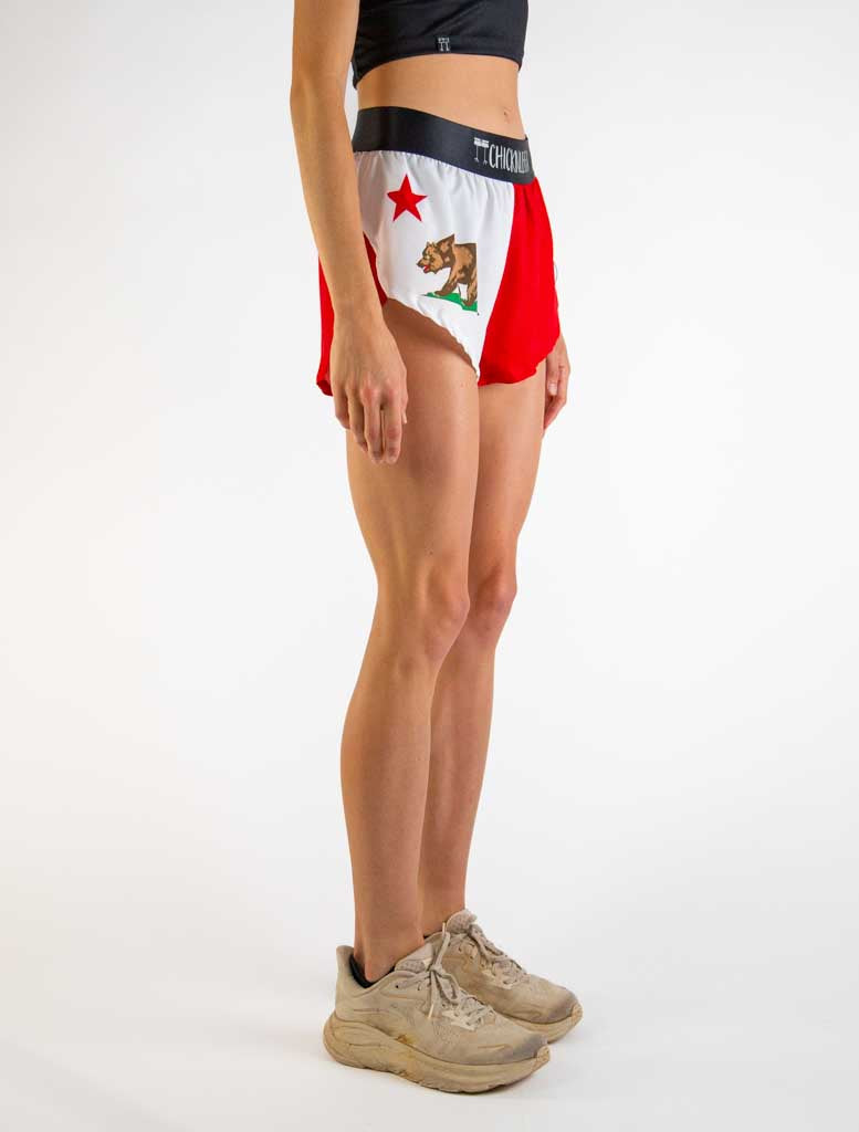 Right side view of ChicknLegs Women’s 1.5-inch split running shorts highlighting the soft elastic waistband, breathable black mesh liner, and athletic side split.