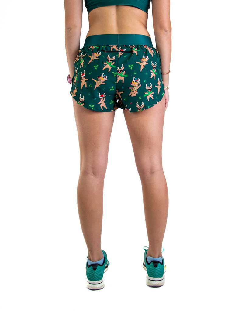 Back view of ChicknLegs Women’s 1.5-inch split running shorts showcasing the rear zipper pocket for essentials and elastic waistband that provides a comfortable, stay-put fit.