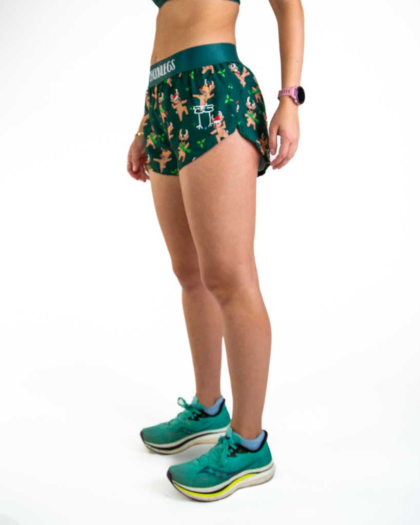 Left side view of ChicknLegs Women’s 1.5-inch split running shorts showing the split leg design for mobility, lightweight fabric, and smooth waistband that stays in place.