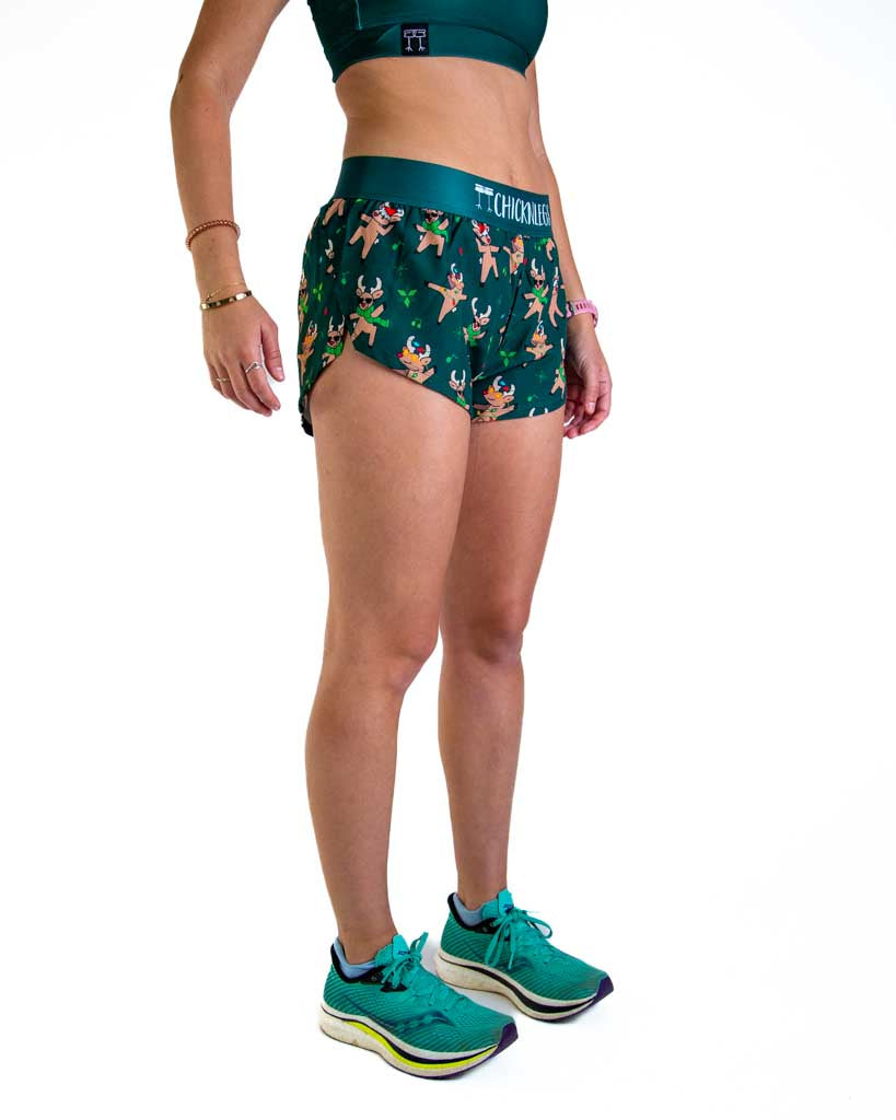 Right side view of ChicknLegs Women’s 1.5-inch split running shorts highlighting the soft elastic waistband, breathable black mesh liner, and athletic side split.