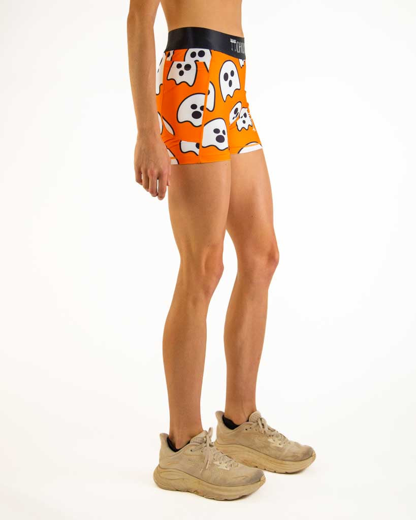 Right side view of ChicknLegs Women’s 3-inch compression shorts highlighting the soft elastic waistband, supportive stretch fabric, and side pocket for phone or keys.