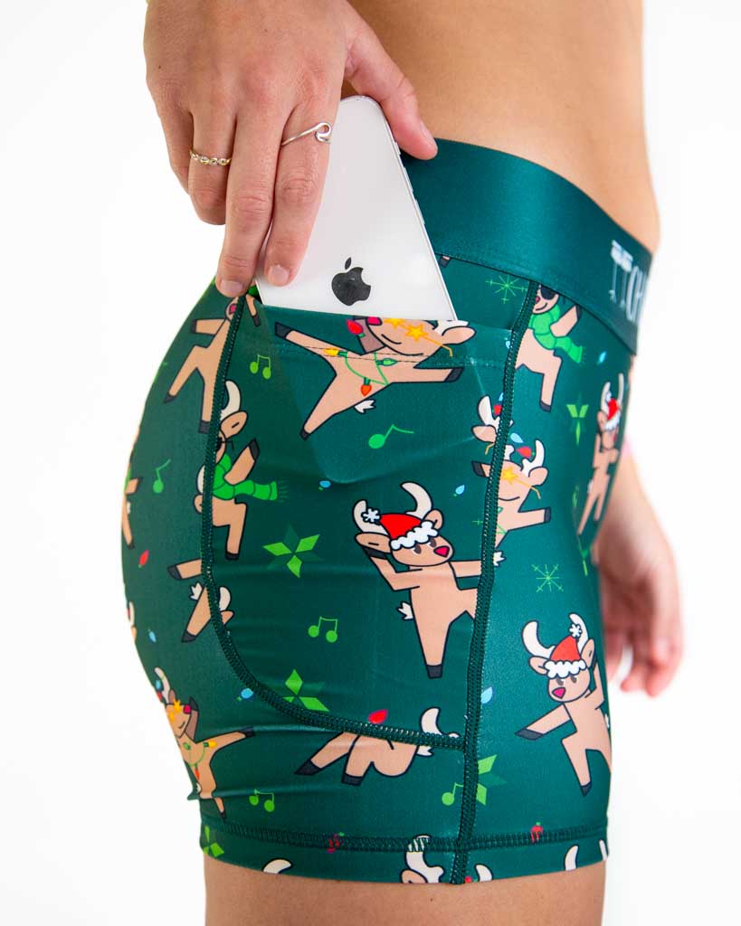 Close-up detail of ChicknLegs Women’s 3-inch compression shorts fabric, showing the spandex-polyester blend, flat seams for comfort, and pocket stitching detail.