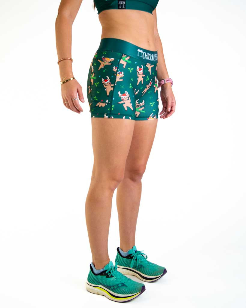 Right side view of ChicknLegs Women’s 3-inch compression shorts highlighting the soft elastic waistband, supportive stretch fabric, and side pocket for phone or keys.