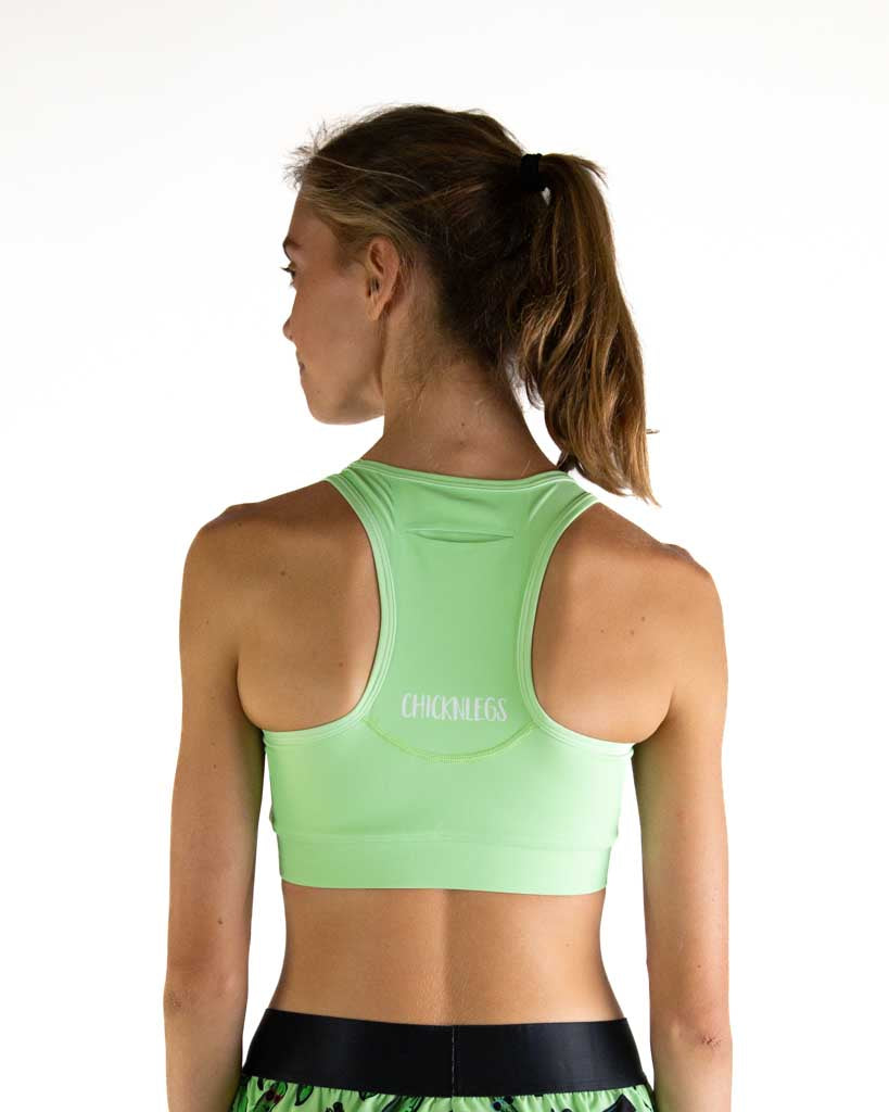 Back view of ChicknLegs Women’s OG Sports Bra showcasing the seamless phone pocket and lightweight, breathable fabric for performance and convenience.