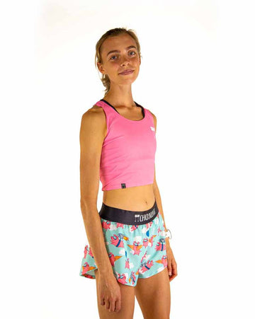 Right side view of ChicknLegs Women’s PWR Crop Top highlighting the cropped length and seamless neckline with lightweight, breathable fabric ideal for racing and training.