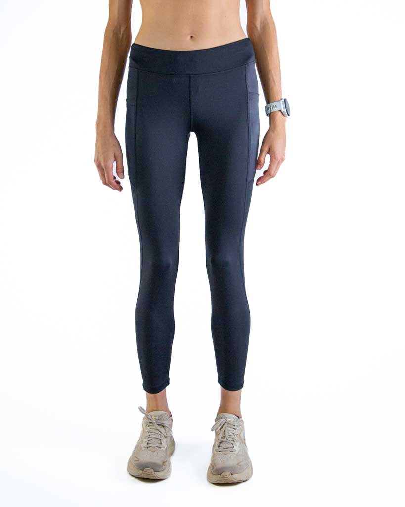 Front view of ChicknLegs Women’s Black Leggings designed for running, featuring a mid-rise 26-inch length, buttery-soft performance fabric, and adjustable internal drawstring for a secure fit.