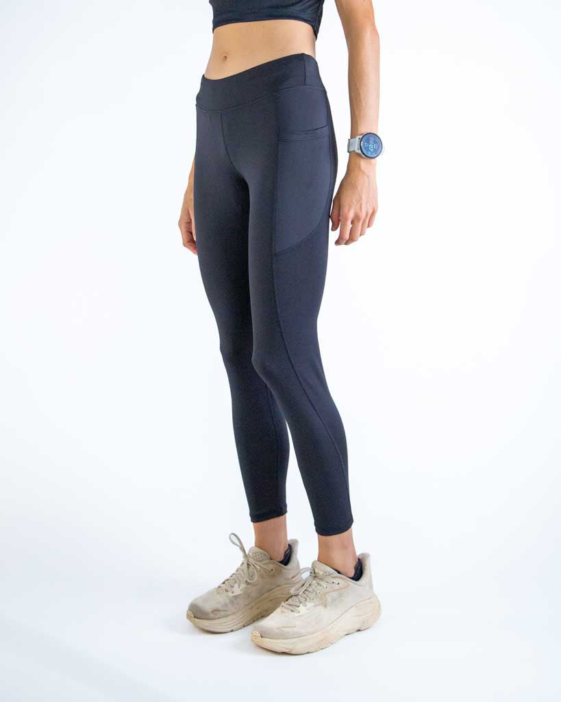 Left side view of ChicknLegs Women’s Leggings showing the sleek silhouette, side pocket for essentials, and smooth performance fabric that prevents chafing.