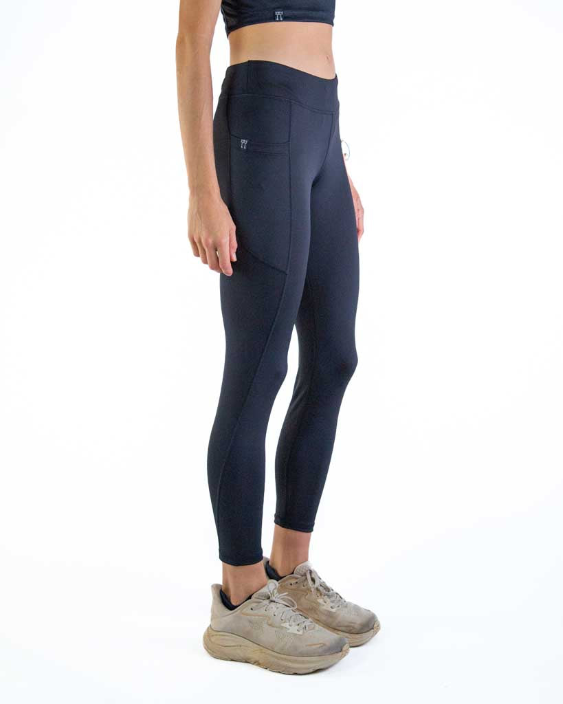 Right side view of ChicknLegs Women’s Leggings highlighting the side pocket, mid-rise waistband, and soft, flexible material designed for comfort and mobility.
