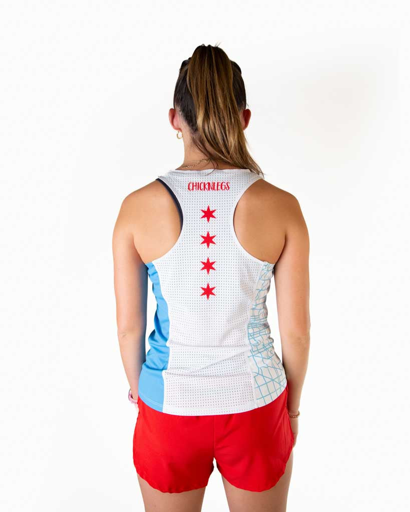 Back view of ChicknLegs performance running singlet in the Chicago Marathon map route design, featuring breathable mesh back panel for airflow.