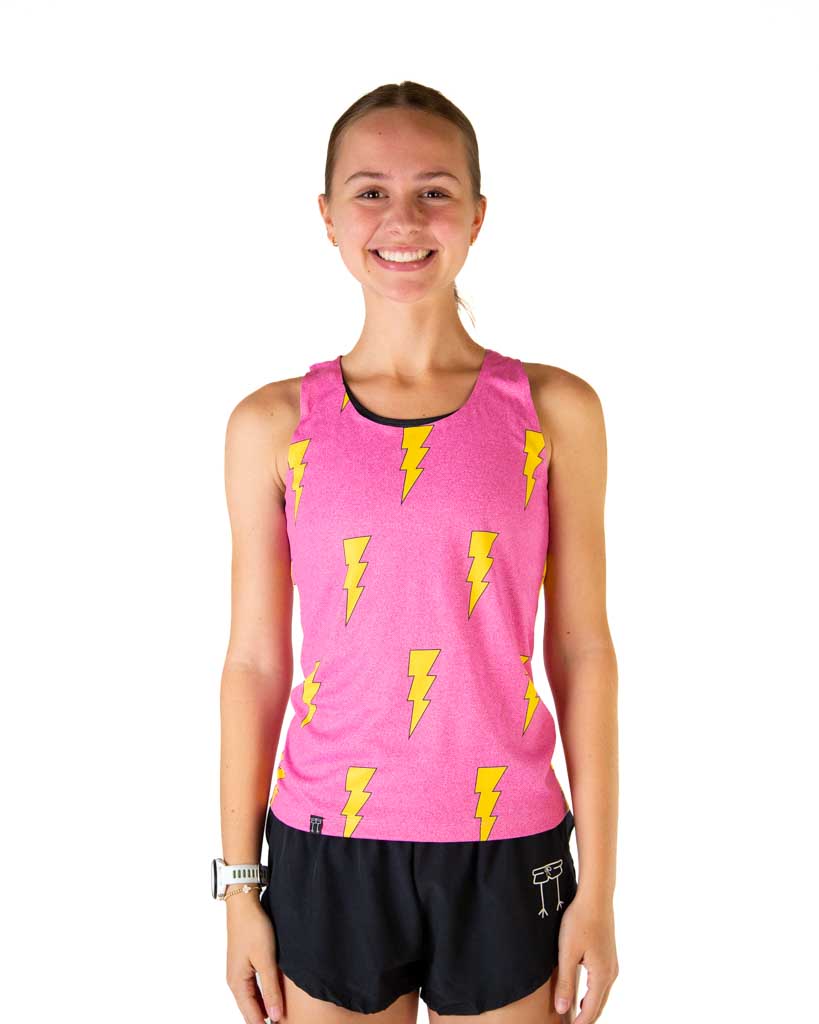 Front view of ChicknLegs women's performance running singlet in the Hot Pink Bolts design, featuring a hot pink background and lightweight fabric.