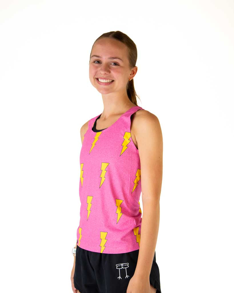 Left side view of ChicknLegs women's performance running singlet with a back panel and lightweight hot pink fabric with bolt pattern design.