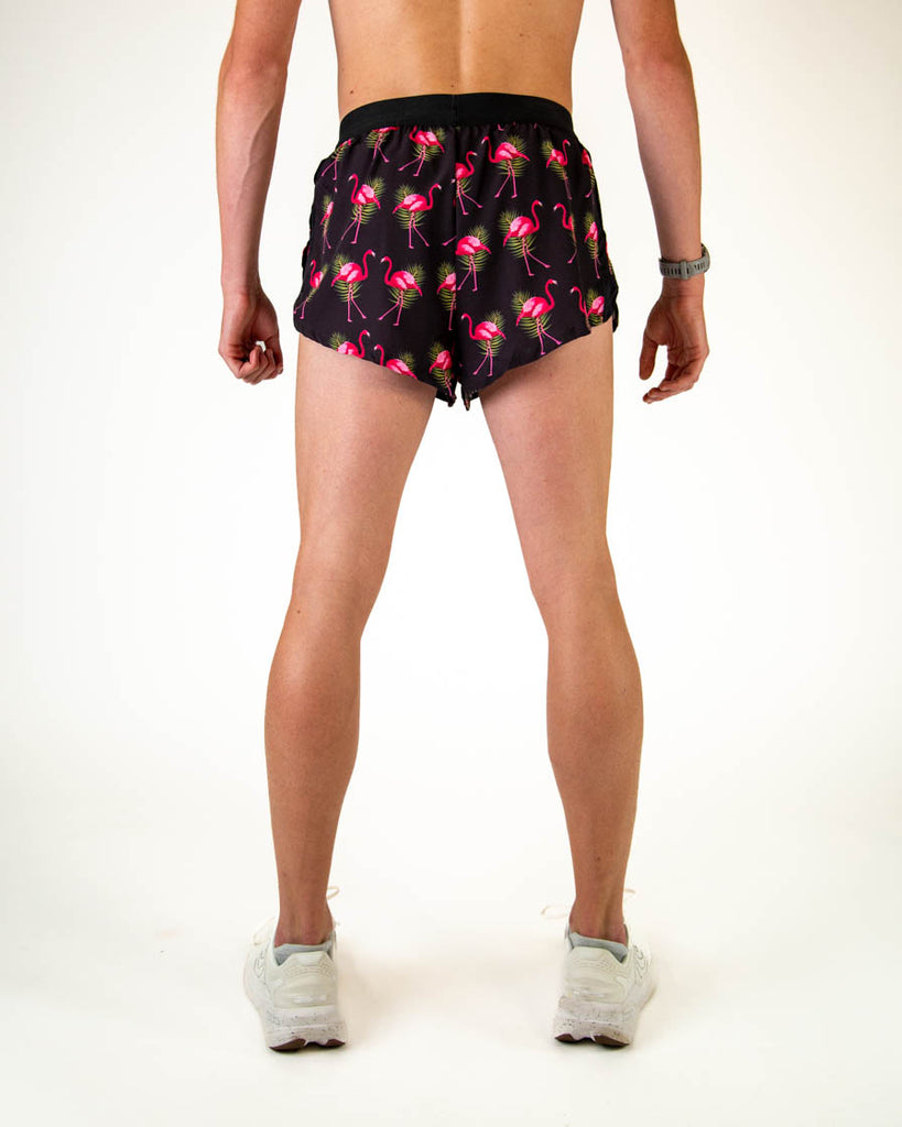 ChicknLegs Men's 2" DS drawstring shorts are shown on the runner. The print has hot pink flamingos with green leaves and a black background on it. A back image is shown. 