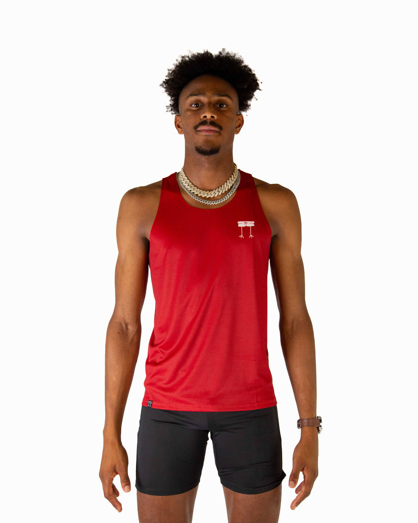 Front view of ChicknLegs Performance Running Singlet in the Cardinal Red color made with lightweight fabric, shown in a fitted athletic cut with seamless neck and arm holes for comfort.
