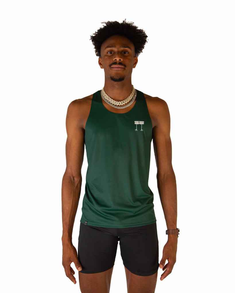 Front view of ChicknLegs Performance Running Singlet in forest green made with lightweight fabric, shown in a fitted athletic cut with seamless neck and arm holes for comfort.