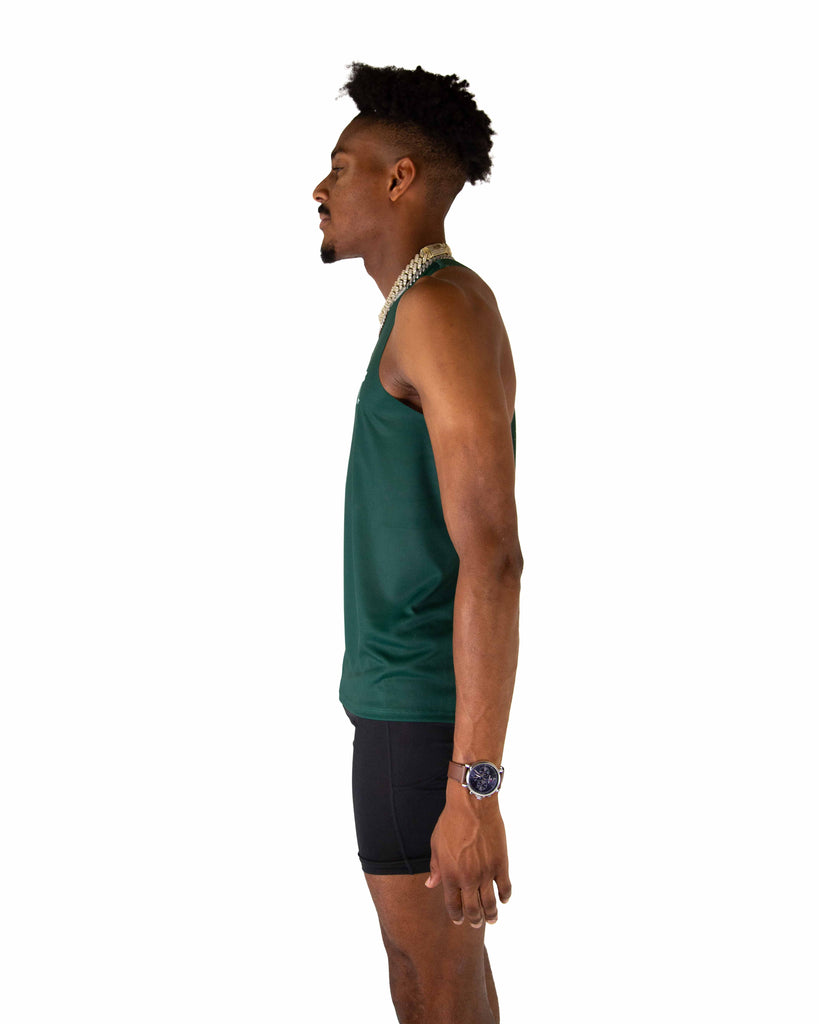 Left side view of ChicknLegs Performance Running Singlet highlighting the smooth, chafe-free seams and lightweight material for optimal movement.