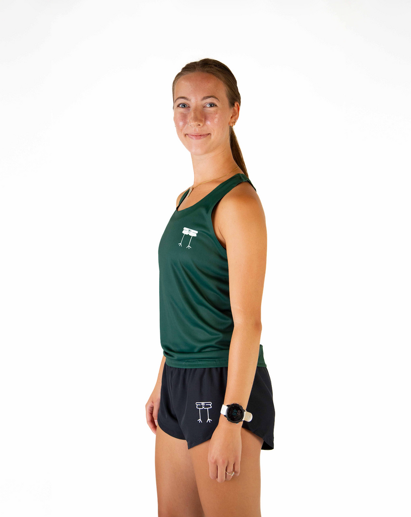 Left side view of ChicknLegs Performance Running Singlet highlighting the smooth, chafe-free seams and lightweight material for optimal movement.